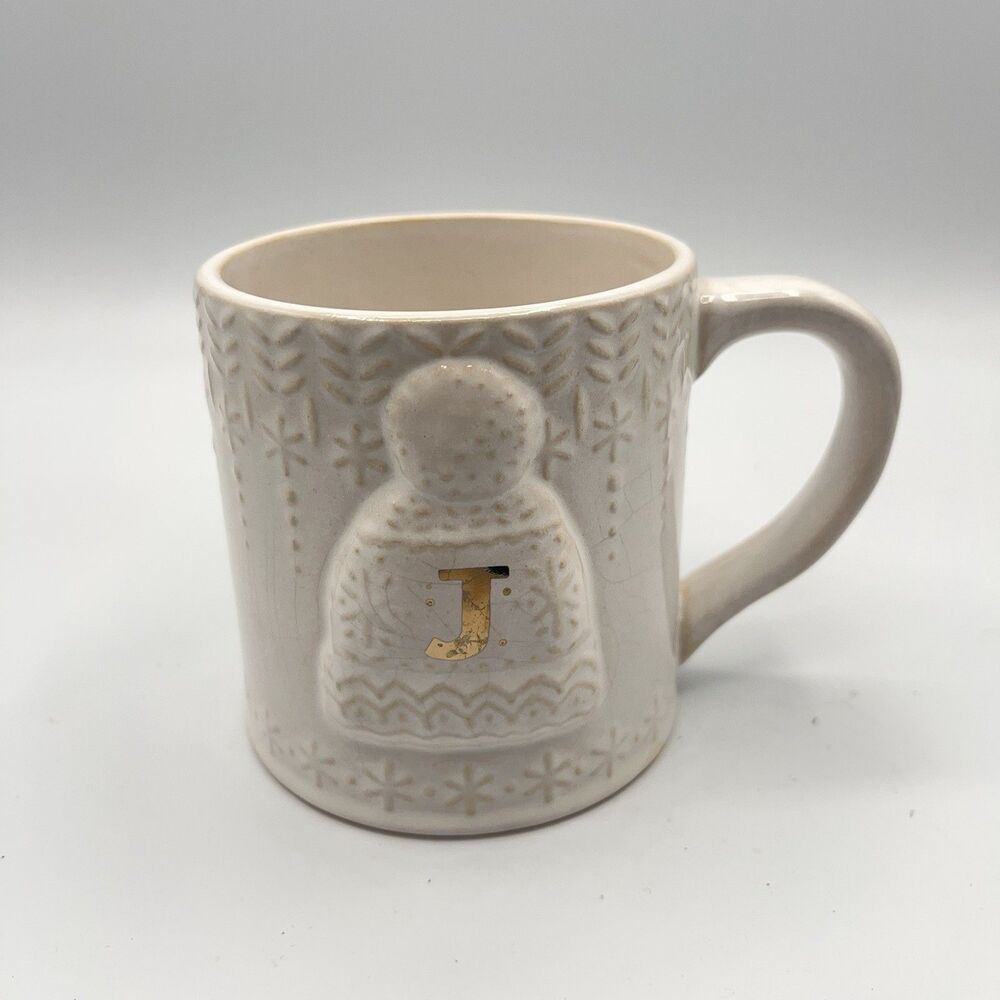 Anthropologie Holiday Christmas Mug Initial Letter J with Hat & Snowflakes